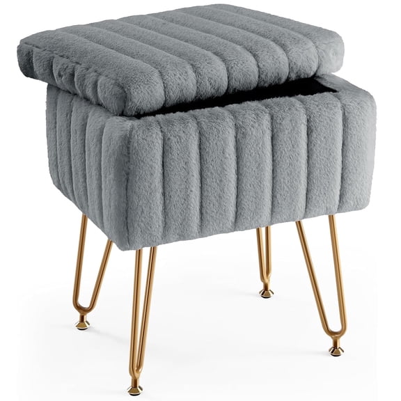 Parcus Faux Fur Vanity Stool with Storage, 16"L x 12.2"W x 18.9"H, Makeup Ottoman Chair with Padded Seat, 4 Metal Legs & Adjustable Anti-Slip Feet