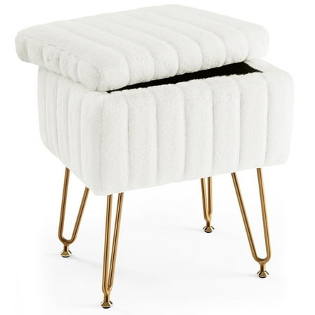 Parcus Faux Fur Vanity Stool with Storage, 16"L x 12.2"W x 18.9"H, Makeup Ottoman Chair with Padded Seat, 4 Metal Legs & Adjustable Anti-Slip Feet