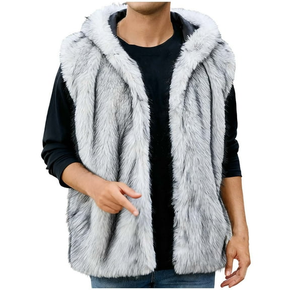 Faux Fur Vest Men's Stand Collar Sleeveless Open Front Cardigan Fuzzy Coats Fuzzy Parka Outerwear with Pockets