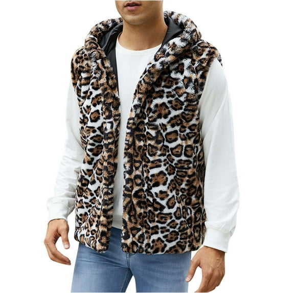 Faux Fur Vest for Men Warm Winter Leopard Print Fleece Vest Fluffy Sleeveless Jacket Hooded Vest Windproof Outerwear