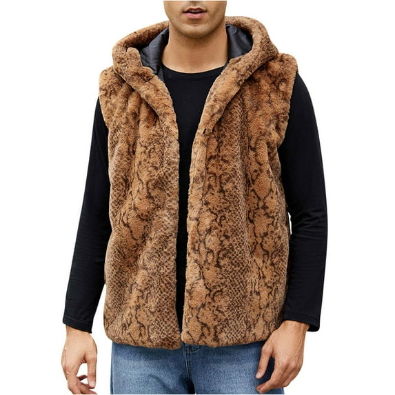 Faux Fur Vest for Men Warm Winter Leopard Print Fleece Vest Fluffy Sleeveless Jacket Hooded Vest Windproof Outerwear