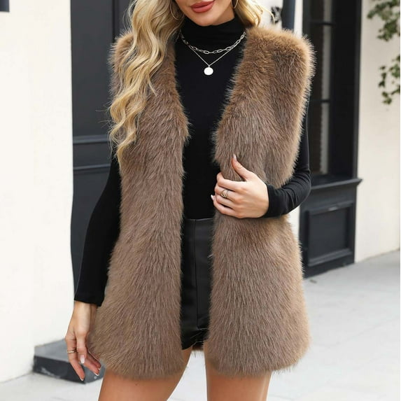 Faux Fur Vest for Women Shaggy Fuzzy Open Fornt Vests Jackets Soft Fleece Sleeveless Waistcoat Vintage Winter Warm Coats