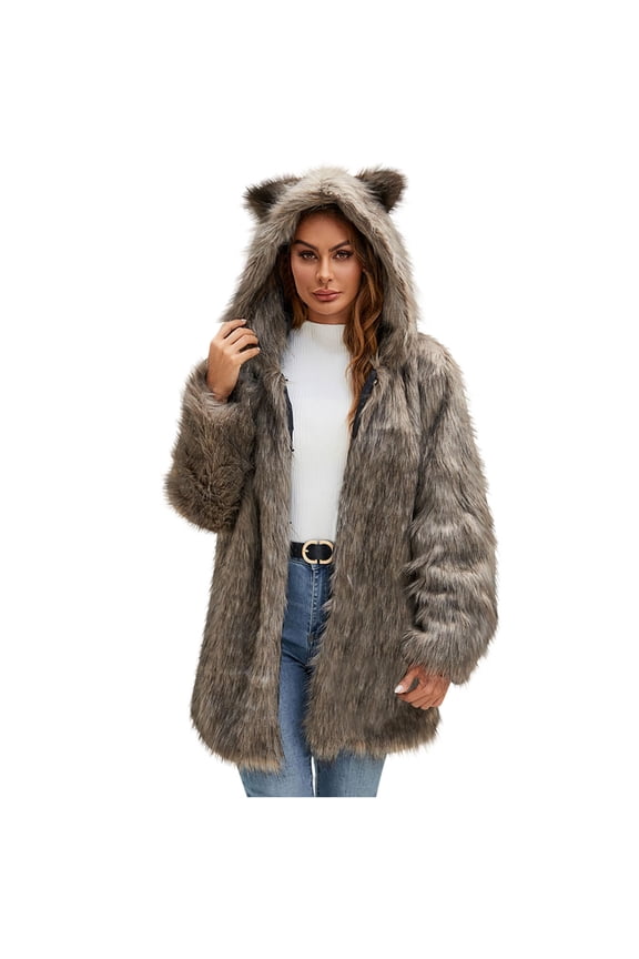 Faux Fur Warm Hooded Coats for Women Cute Cat Ear Oversized Hoodie Cardigan Casual Winter Outerwear Mid-length Thermal Jacket