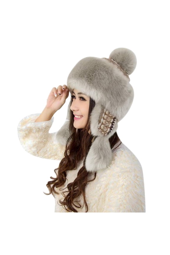 Faux Fur Warmer Trapper Hat for Women, Furry Mongolian Russian Bomber Skiing Winter Warm Windproof Earflap Cap