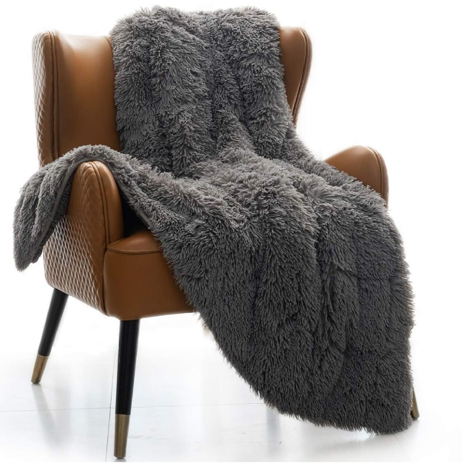 Faux Fur Weighted Blanket Queen Size 15 lbs, Luxury Elegant Long Fur Weighted Blanket Throw for Bed Sofa, Super Soft Warm Sherpa Reverse Heavy Blanket - 60"×80", Modern Grey