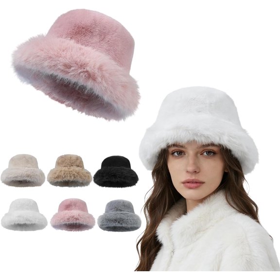 Faux Fur Winter Bucket Hats for Women Fuzzy Warm Plush Nordic Style Hat Fashion Casual Fisherman Hats for Trips Ski