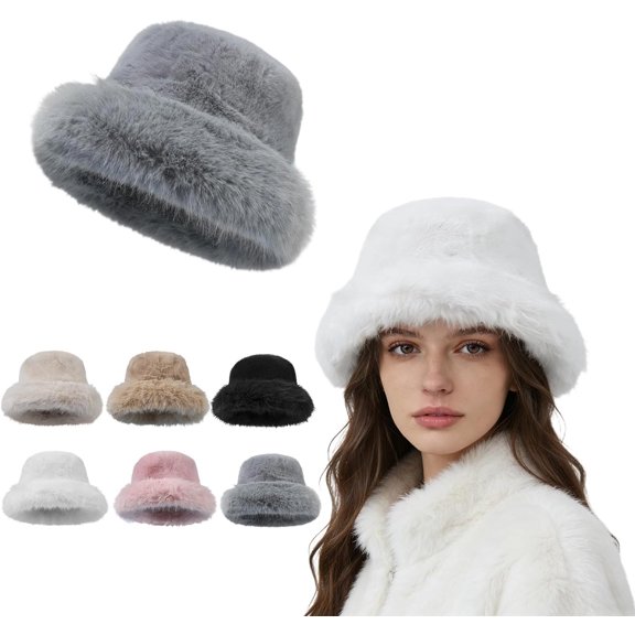 Faux Fur Winter Bucket Hats for Women Fuzzy Warm Plush Nordic Style Hat Fashion Casual Fisherman Hats for Trips Ski