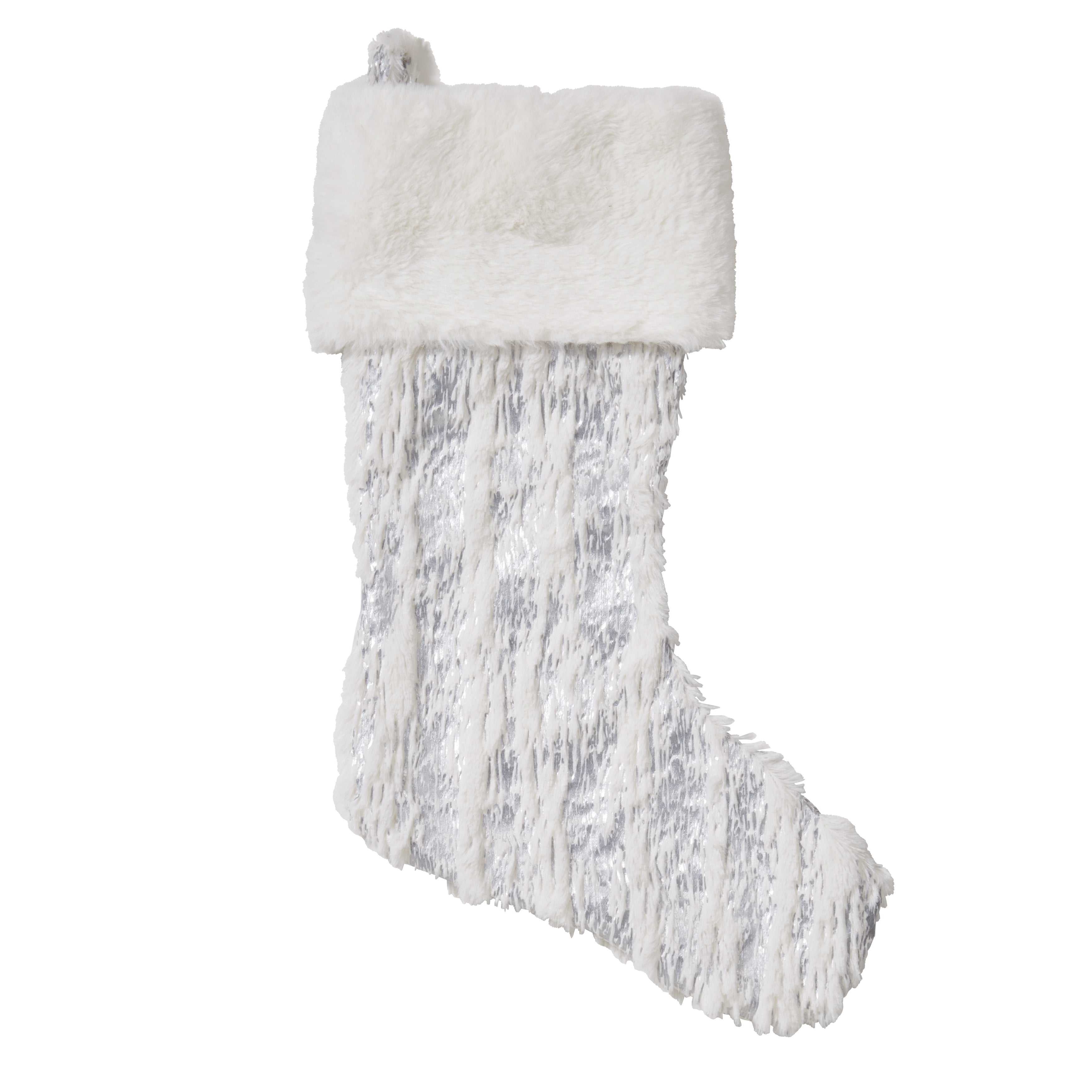 Silver and White Faux Fur Christmas Stocking with Metallic Print