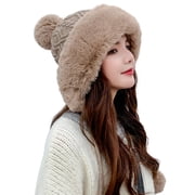 Faux Fur Womens Russian Ushanka Trapper Hat Snow Ski Winter Cable Knit Beanies Earflap Bomber Cap Ear Cover with Pompom