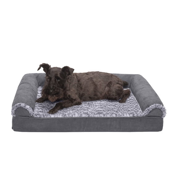 FurHaven Two-Tone Faux Fur & Suede Orthopedic Sofa Pet Bed for Dogs & Cats - Medium, Stone Gray