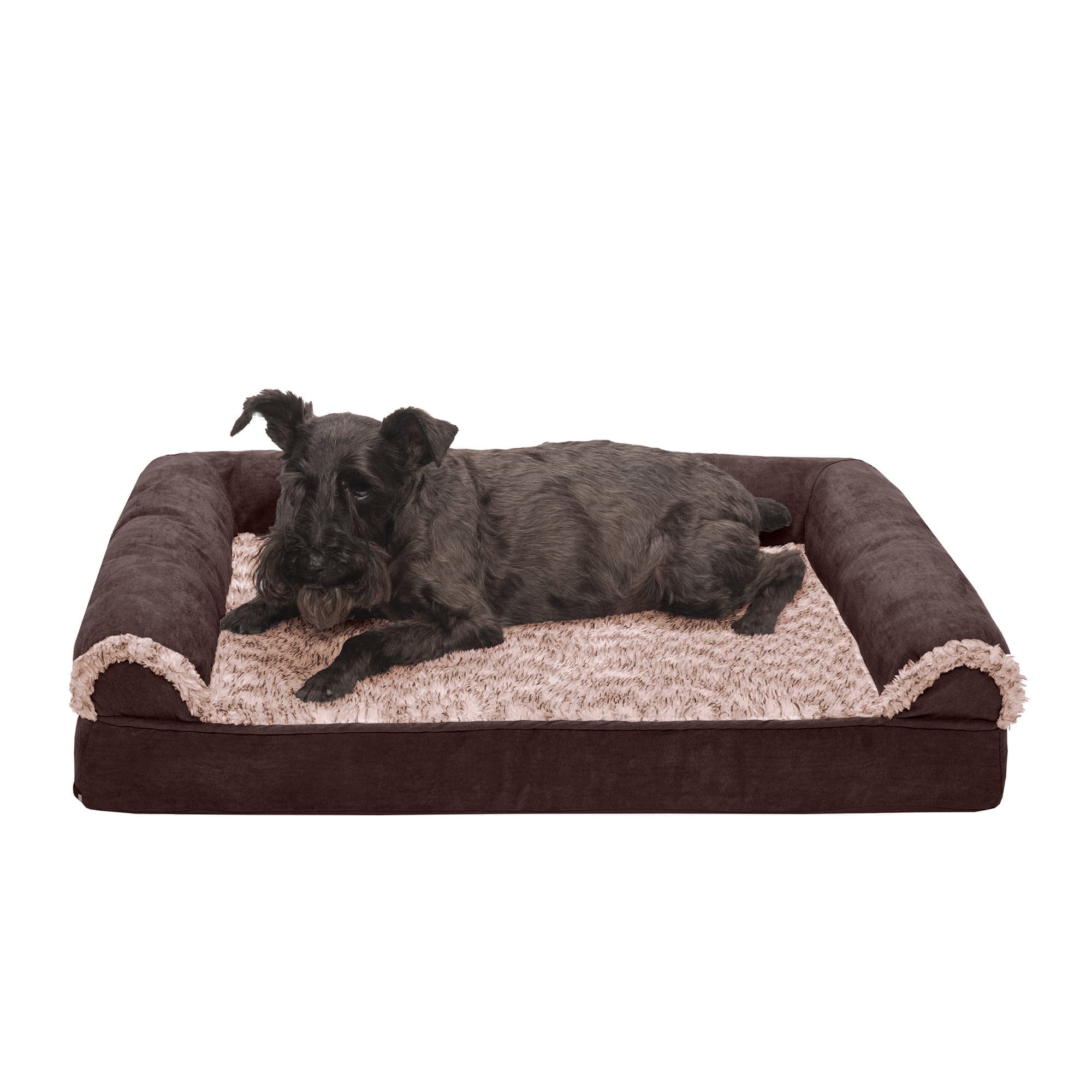 FurHaven Two-Tone Faux Fur & Suede Orthopedic Sofa Pet Bed for Dogs & Cats - Medium, Espresso