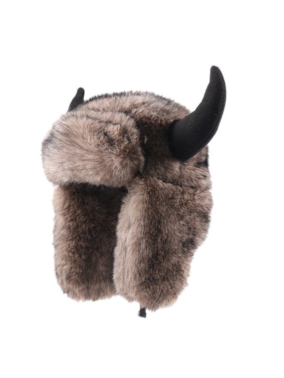 Faux Furs Trapper Hat for Women, Winter Earflap Fluffy Plush Thick Warm Buffalo Horn Decor Outdoor Hats