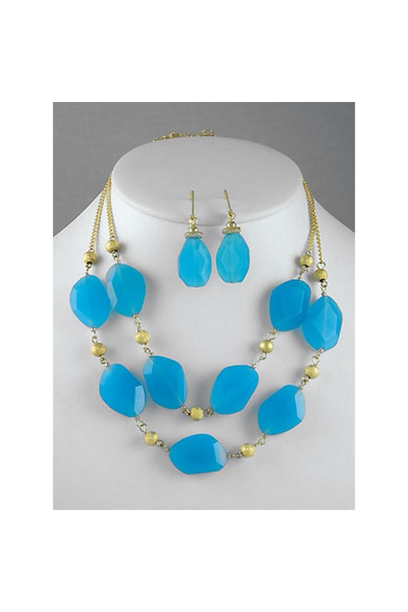 Faux Gem Stone - Double Straps Gold Chain NE+ER Set - TQ Blue - NE-GM313NKTQ