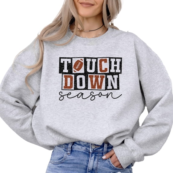 Faux Glitter Touchdown Season Sweatshirt for Girls, Teens, and Women Fall Football Pullover Grey Sweatshirt Medium