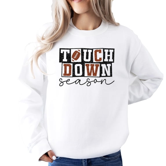Faux Glitter Touchdown Season Sweatshirt for Girls, Teens, and Women Fall Football Pullover White Sweatshirt Large