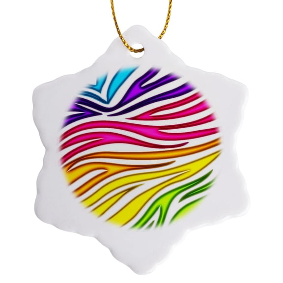 3drose, Faux Glow Effect Rainbow Multi Color Zebra Stripes Girly Trendy Pattern, 3 inch Snowflake Porcelain Ornament
