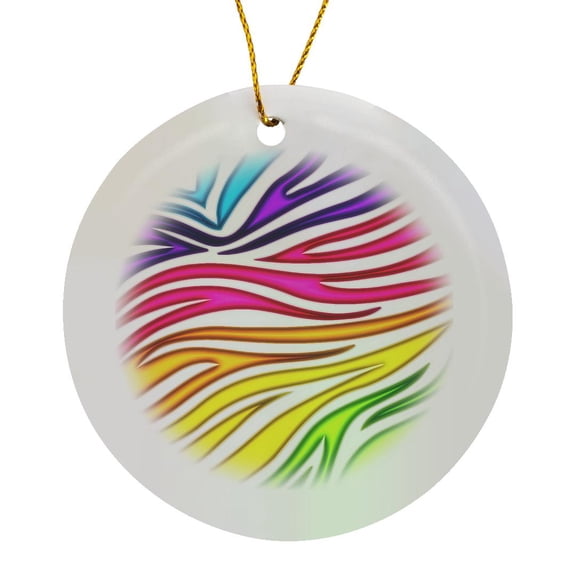 3drose, Faux Glow Effect Rainbow Multi Color Zebra Stripes Girly Trendy Pattern, Circle Porcelain Ornament