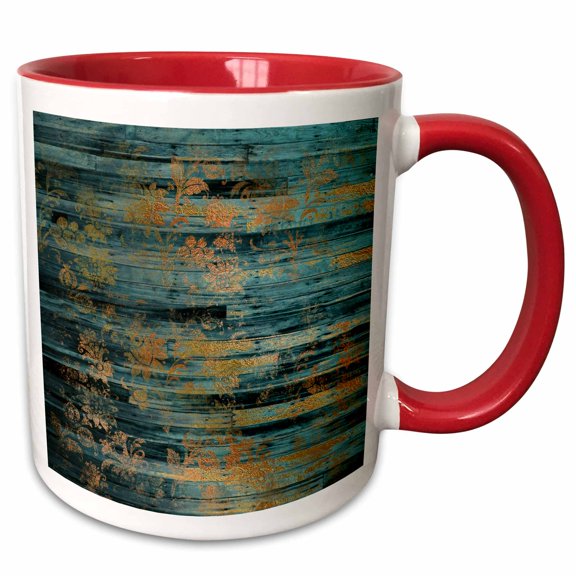 3drose, Faux Gold Grunge Art Deco Floral on Teal Faux Printed Wood Pattern, 11oz Two-tone Red Mug