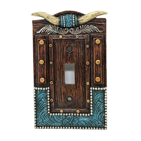 Faux Horns & Tooled Leather-inspired Single Toggle Switch Cover | Native Indian & American Western Decor | Rustic Decorative Light Switch Plate | Southwestern Unique Vintage Home Décor