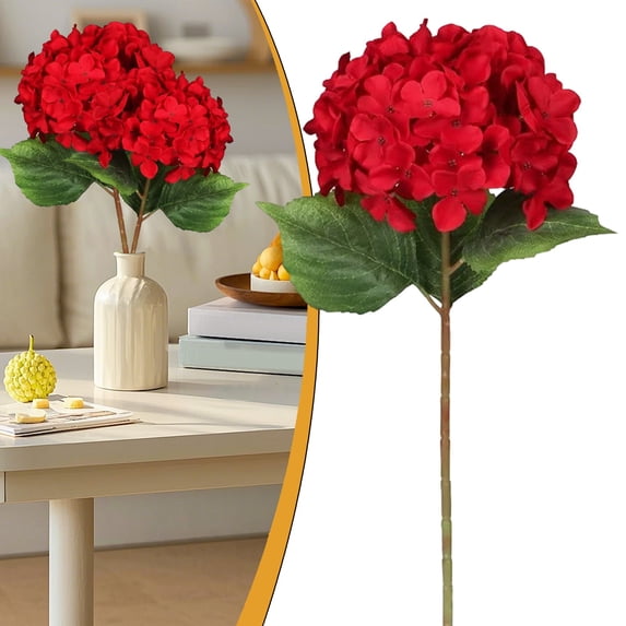 Faux Hydrangea Stem, Artificial Silk Flower with Full Bloom and Lifelike Leaves, 23.62 Inch Red Floral Pick for Wedding Home Vase Decor