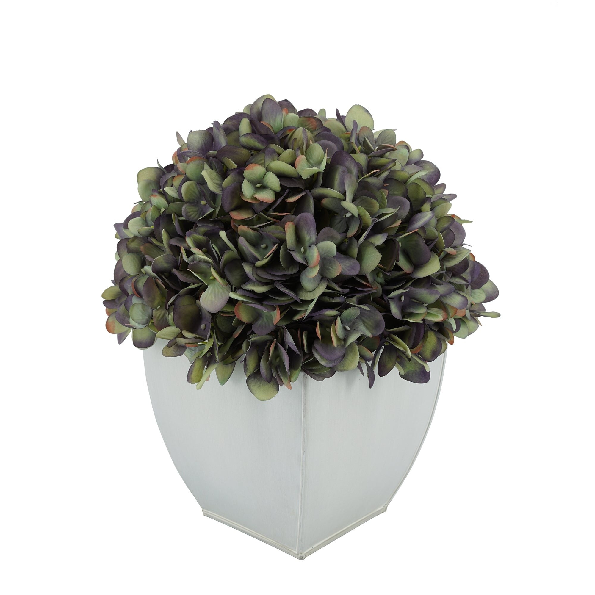 Faux Hydrangea in Cream Tapered Zinc Cube Antique Purple
