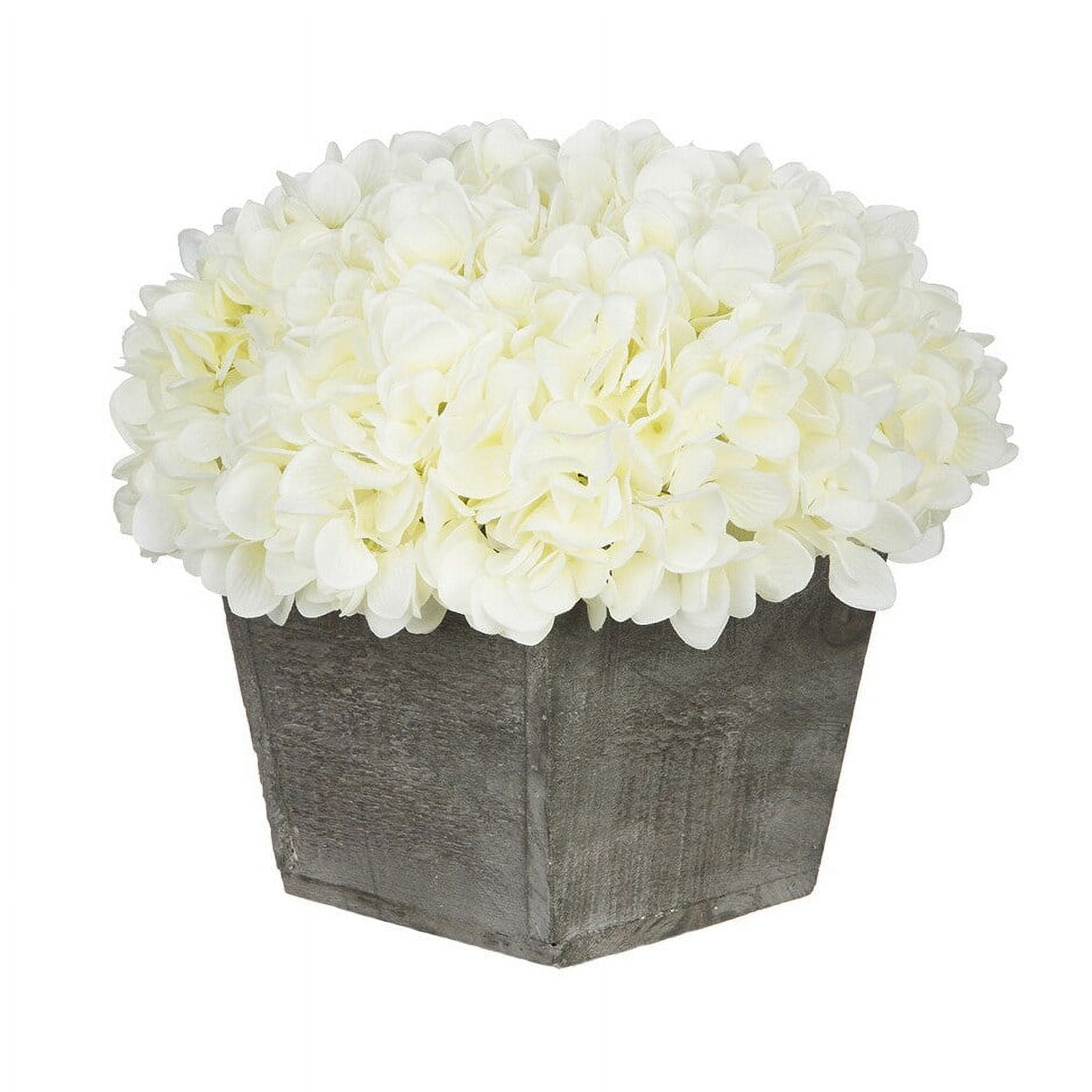 White Faux Hydrangea in Gray-Washed Wood Cube Planter