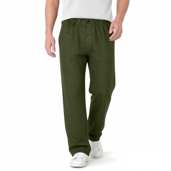 Faux Jean for Men Elastic Waist Button Zipper Straight Leg Pants with Pockets Comfy Versatile Denim-Like Trousers