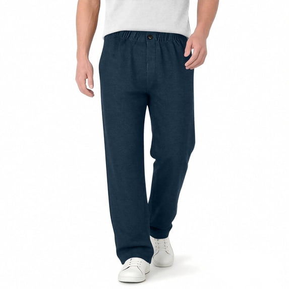 Faux Jean for Men Elastic Waist Button Zipper Straight Leg Pants with Pockets Comfy Versatile Denim-Like Trousers