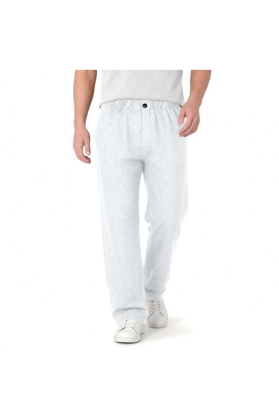 Faux Jean for Men Elastic Waist Button Zipper Straight Leg Pants with Pockets Comfy Versatile Denim-Like Trousers