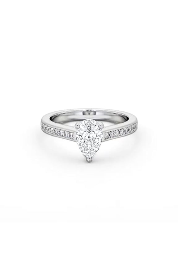 1.5 Ct Pear Cut Moissanite Ring - 14K White Gold Plated Solitaire with Accent Cathedral Shank 3 Prong Setting Engagement Ring for Women - Sparkling Moissanite Jewelry for Her