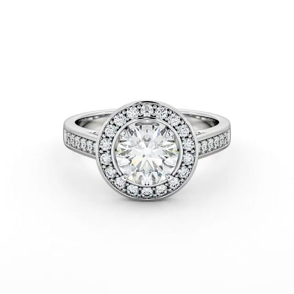 Faux Jewel 1.9 Ct Round Cut Moissanite Engagement Ring - Stone - Halo Cathedral Shank 4 Prong Design - 14K White Gold Plated Ring - Perfect Proposal Ring for Women - Ideal Gift for Her