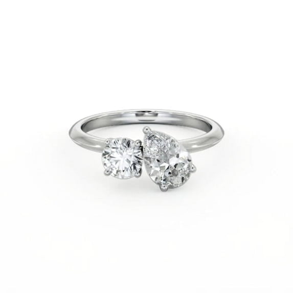 Faux Jewel 1 Ct Brilliant Round Cut Engagement Wedding Moissanite Ring - 14K White Gold Plated - 2 Stone Toi Et Moi Ring - Simple Two Stone Moissanite Rings for Women - Moissanite