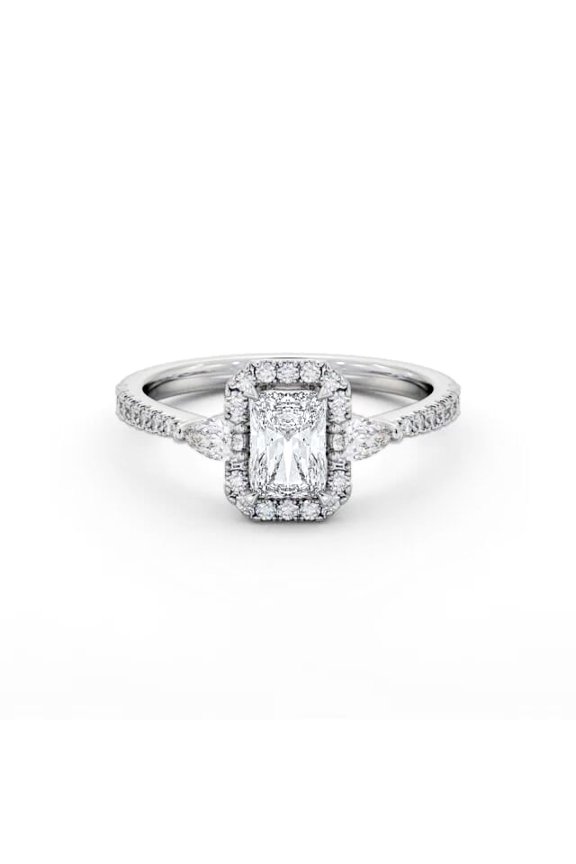 2.4 Ct Radiant Cut Moissanite Ring - Three Stone Halo Design - Four Prong Setting Ring - 14K White Gold Plated Elegant Engagement Wedding Ring for Women - Gorgeous Wedding Gifts