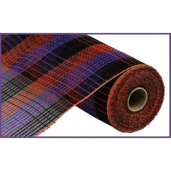 Faux Jute & Deco Mesh Small Check, 10.5 Inch x 10 Yards (Purple, Orange, Black)