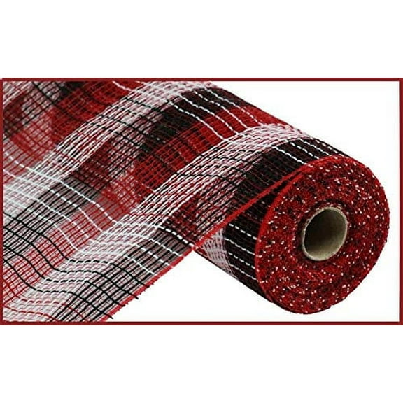 Faux Jute & Deco Mesh Small Check, 10.5 Inch x 10 Yards (Red, White, Black)
