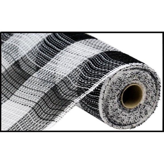 Faux Jute & Large Check Deco Mesh, 10.5 Inch x 10 Yards (Black, White)