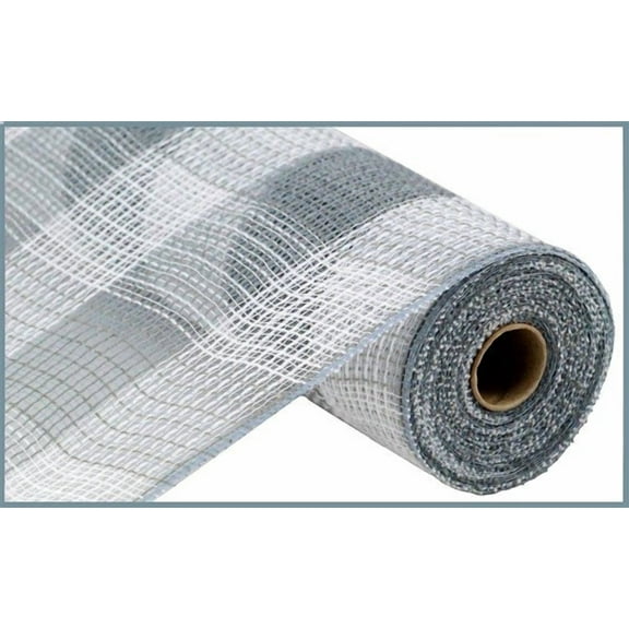 Faux Jute & Large Check Deco Mesh, 10.5 Inch x 10 Yards (Grey, White)