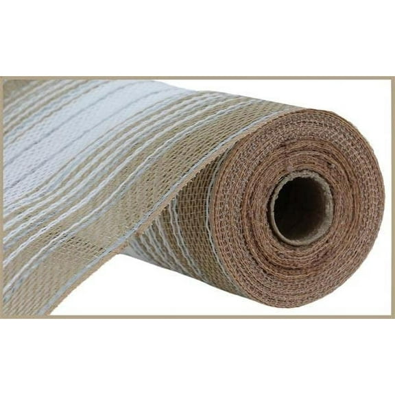 Faux Jute Matte Stripe Ombre Wreath Mesh: Natural White Silver - 10.25 inches x 10 Yards (30 feet)