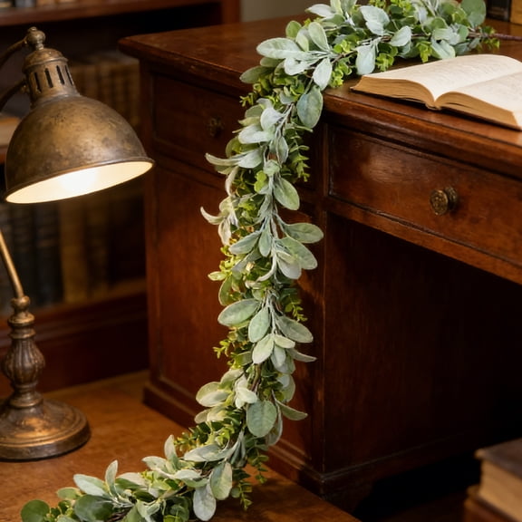 Faux Lambs Ear Garland - 6Ft Silk Lambs Ear Eucalyptus Flocked Greenery, Decorative Farmhouse Vines for Mantle or Tabletop, Artificial Lambs Ear Stems & Picks, Rustic Lambs Ear Wreath & Garland Decor