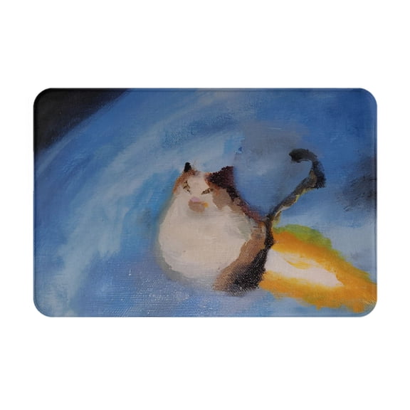 Faux Lambswool Bathroom Rug Mat 24"x16", Abstract Oil Painting Fluffy Cat Blue Swirl Background Soft Pet Art Print, Soft Absorbent Non Slip Floor Mat Cute Animal Home Decor