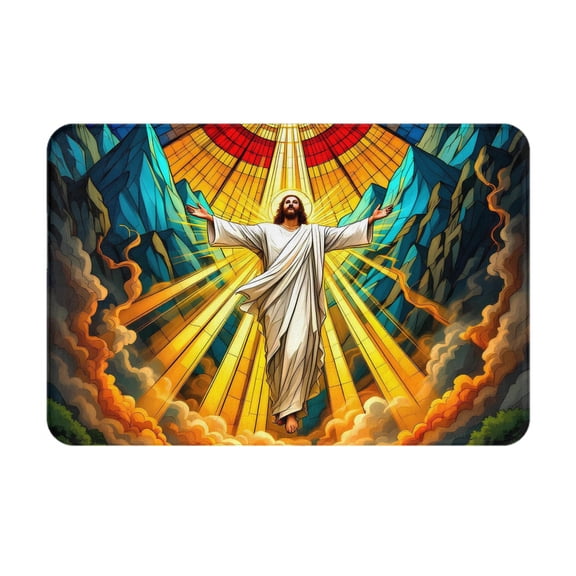 Faux Lambswool Bathroom Rug Mat 24"x16", Jesus Colorful Stained Glass Mountain Clouds Art Print, Soft Absorbent Non Slip Floor Mat for Spiritual Religious Home Decor