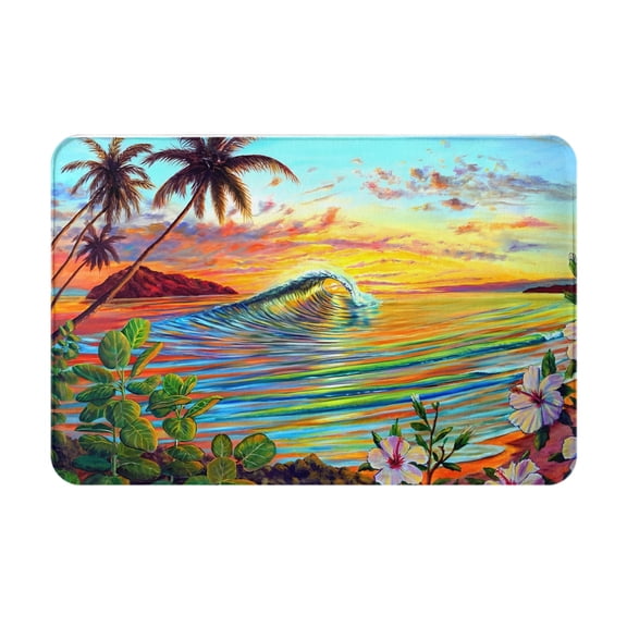 Faux Lambswool Bathroom Rug Mat 24"x16", Tropical Beach Sunset Oil Painting Palm Tree Ocean Wave Hibiscus Floral Coastal Print, Soft Absorbent Non Slip Floor Mat Hawaiian Summer Home Decor