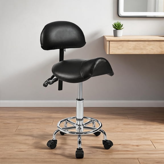 Faux Leather 1-Seat Adjustable Saddle Stool, Sleek Black Ergonomic Rolling Swivel Chair with Back Support for Salon and Home