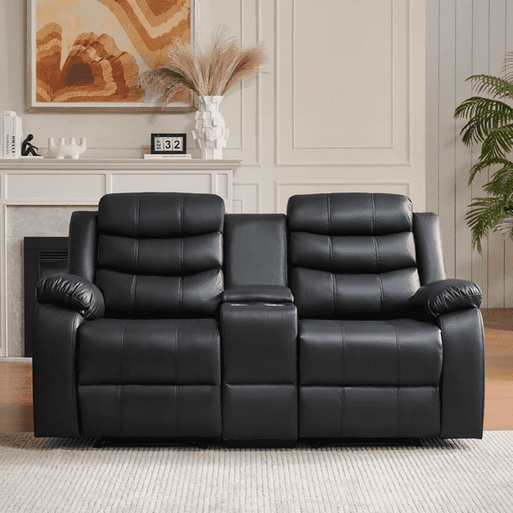 Faux Leather 2-Seater Reclining Loveseat, Manual Home Theater Recliner Sofa with Cup Holders, Overstuffed Double Recliner Couch for Living Room & Media Room