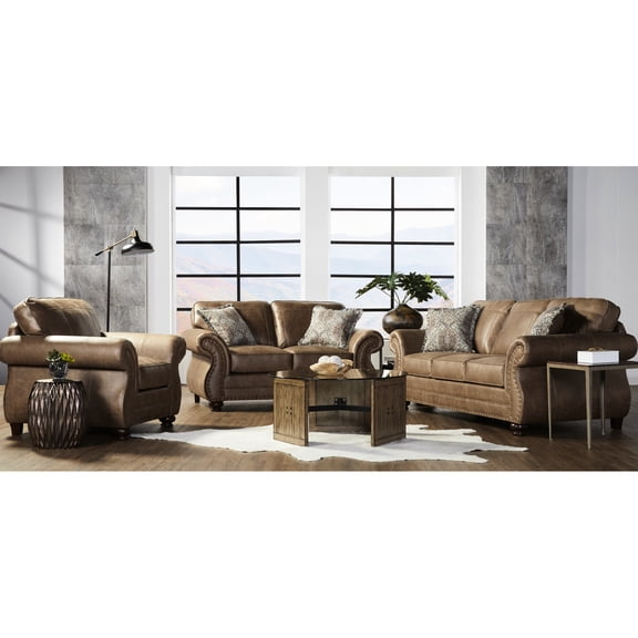 Faux Leather 3 , Antique Bronze Nailhead Detail, Medium Ginger Brown Upholstery, Rolled Arm Style, Extra Padded Cushions, Wood Bun Feet, Accent Pillows, Fully Assembled Ease 3, Nailheads, Cover,