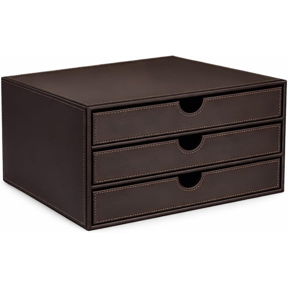 Faux Leather 3-Drawer Desktop Organizer for Files, Magazines, and Documents in Coffee