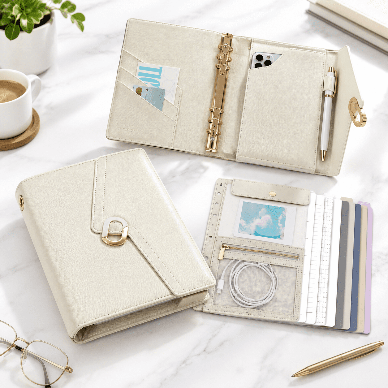 Zipper A5 Faux Leather A5 Binder With Zipper Pouch 6 Ring Refillable Planner ...