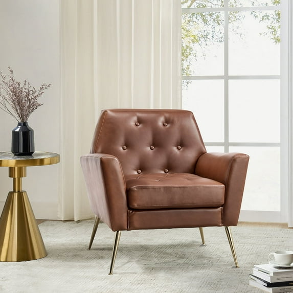 Faux Leather Accent Chair Comfy Upholstered Armchair Gold Legs Button Tufted Lounge Sofa Chair Living Room Bedroom Brown
