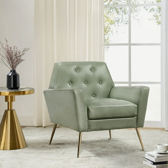 Faux Leather Accent Chair Comfy Upholstered Armchair with Gold Legs Button Tufted Lounge Sofa Chair Living Room Bedroom Sage