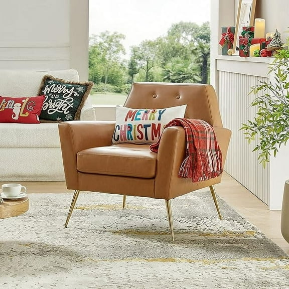 Faux Leather Accent Chair, Comfy Upholstered Armchair with Gold Legs, Button Tufted Sofa Seat Living Room Bedroom Camel